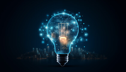 Futuristic light bulb with cityscape. Concept of Creativity, Information Technology, Digital Innovation and Imagination.
