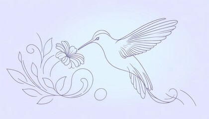 Naklejka premium Elegant Hummingbird and Floral Line Art