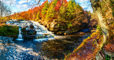 Shohola Falls panorama in the Poconos, Pennsylvania. Shohola Creek is a tributary of the Delaware River in the Poconos of eastern Pennsylvania in the United States - 677806729