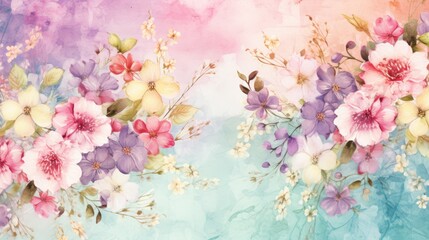  a watercolor painting of pink, purple, and yellow flowers on a blue and pink watercolored background.