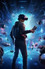Man playing vr gear, in the style of chaotic energy, dark cyan and red, virtual reality glasses man