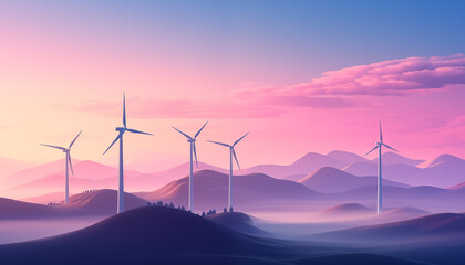 Minimalistic wallpaper. Wind turbines in a beautiful landscape. Pink and blue sunset. Concept for renewable wind energy.