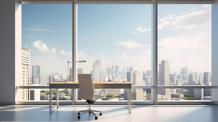 A modern office with a view of the city from the window of a skyscraper building in the background