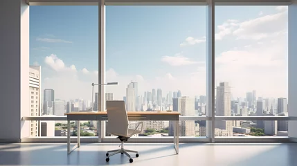 Foto op Canvas A modern office with a view of the city from the window of a skyscraper building in the background © junaid