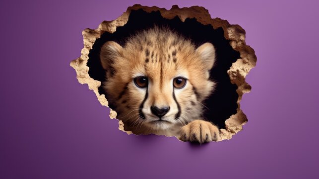  a baby cheetah peeks out of a hole in a purple wall with a purple background and a purple wall with a purple wall and purple wall with a cheetah cheetah.