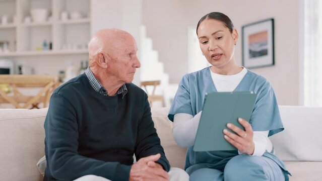 Elderly man, home nurse and tablet for healthcare advice, talking of insurance and planning of medical care on sofa. Retirement help, ADN worker or caregiver with senior patient on digital technology