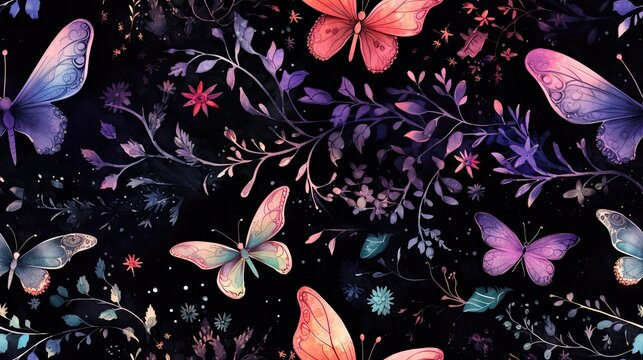  a painting of a bunch of butterflies flying over a field of flowers on a black background with pink, purple, and blue colors.