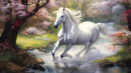 A painting of a white horse running through a forest with flowers and trees in the background and a stream running through the woods