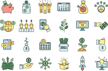 Crowdfunding idea icons set. Outline set of crowdfunding idea vector icons thin line color flat on white