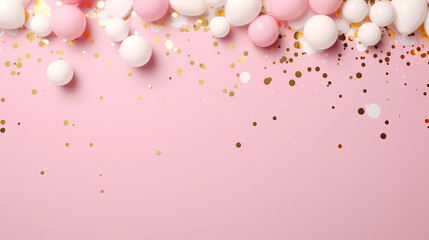 A pink background with gold and white balloons and confetti on it