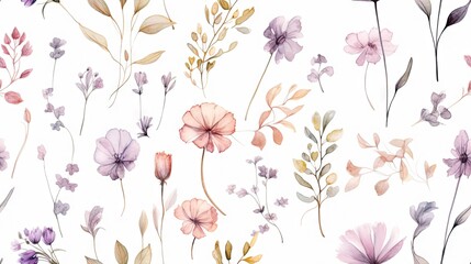  a bunch of flowers that are painted in watercolor on a white sheet of paper with pink, purple, and green leaves.