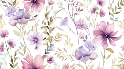 a watercolor painting of purple and pink flowers on a white background with green leaves and flowers on a white background.