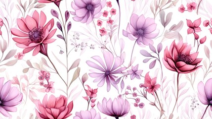  a watercolor painting of pink and purple flowers on a white background with lots of pink and purple flowers on a white background.