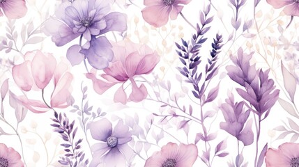  a watercolor painting of pink and purple flowers on a white background with green leaves and purple flowers on a white background.