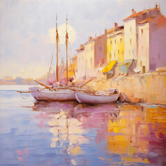 Serene Reflections: A Sailboat in a Pastel Harbor