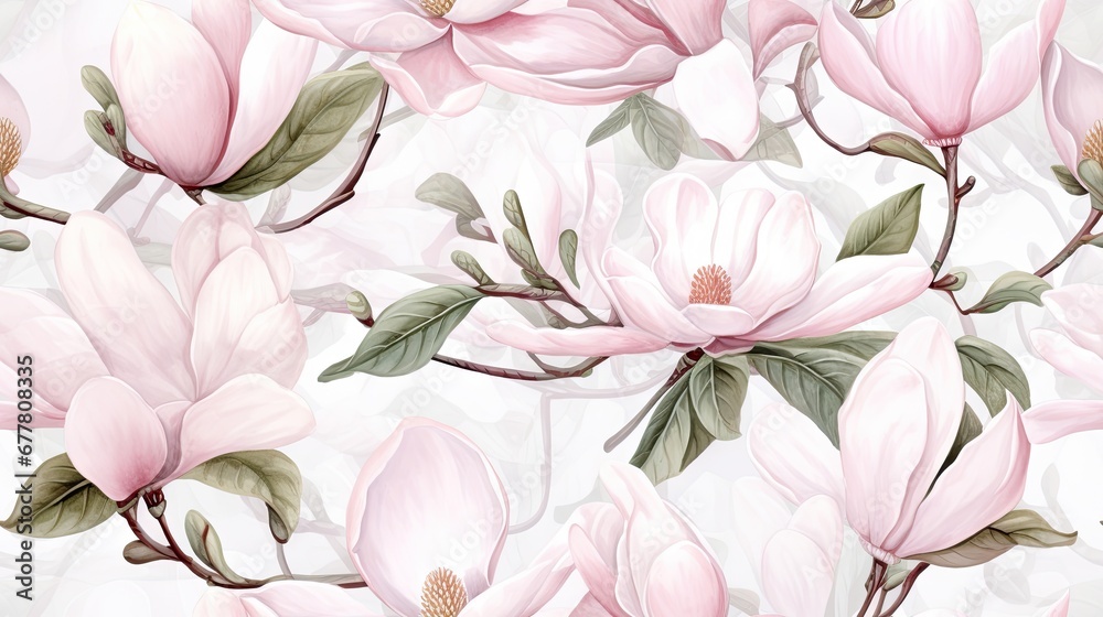 Poster  a white and pink floral wallpaper with lots of pink flowers and green leaves on a light gray and white background.