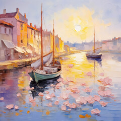 Serene Reflections: A Sailboat in a Pastel Harbor