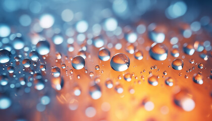 Minimalistic wallpaper. AI generated water drops on colorful surface with orange and blue glow. 