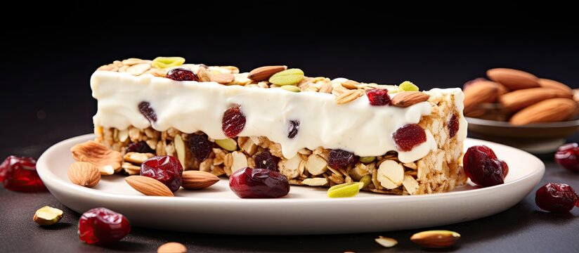 A deliciously healthy breakfast bar with a background of white chocolate covered granola providing a burst of energy with every bite of muesli and cereal