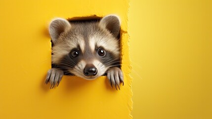  a raccoon pokes its head out of a hole in a yellow wall, with its paws on the edge of the hole to the raccoon. - obrazy, fototapety, plakaty