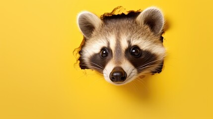  a raccoon peeks out of a hole in a yellow wall with it's head sticking out of it's side and looking at the camera. - obrazy, fototapety, plakaty