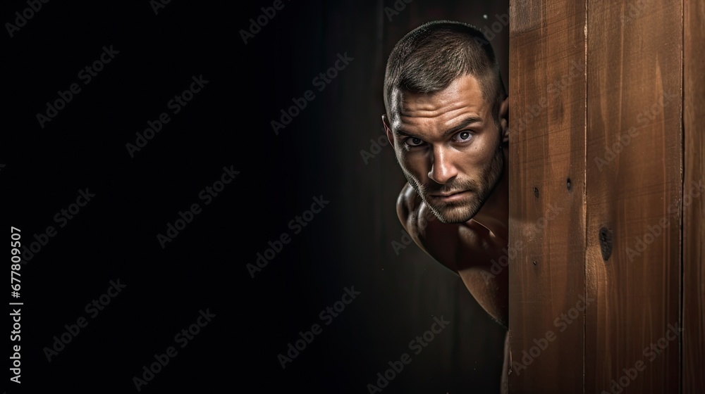 Sticker  a man peeking out from behind a wooden door with his hand on the door handle and looking at the camera, with a serious look on his face, on a dark background.