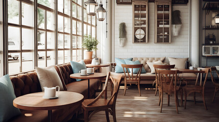 Fototapeta na wymiar Charming Cozy Coffee Shop with Vintage Decor, Enhanced with Soft and Muted Tones to Evoke a Nostalgic and Inviting Atmosphere