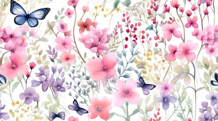  a watercolor painting of pink, purple, and blue flowers with a butterfly on the top of the flowers.