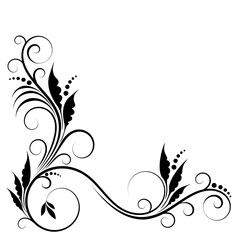Decorative monogram on the corner. Black angular pattern with elements of leaves, curls, dots, on a white background.