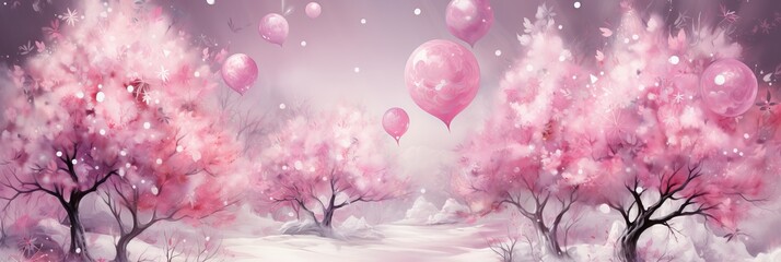 Illustration of a magical pink winter forest with snow