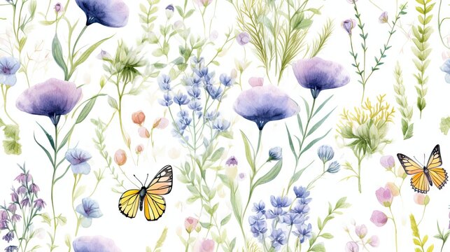  a watercolor painting of a field of flowers with two butterflies on the top of the flowers and the bottom of the flowers on the bottom of the image.