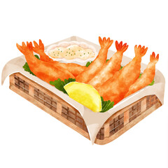 PNG fried shrimps with lemon and sauce served on a basket
