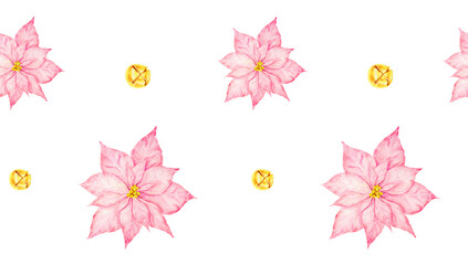 Pink poinsettia and gold bells. Watercolor hand drawn seamless border with Christmas elements. Winter symbols for holiday season prints, packing, textile, packing paper, fabric, background
