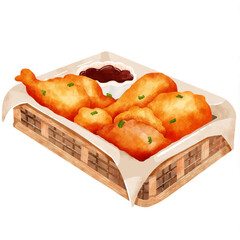 PNG hand draw of crispy fried chicken on a basket