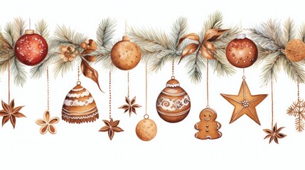  a watercolor drawing of christmas ornaments hanging from a christmas tree branch with a star, ornament, ornament, ornament, and bauble.