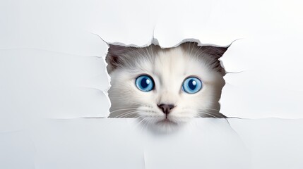  a white cat with blue eyes peeks out of a hole in a sheet of white paper that has been torn open to reveal a hole in the side of the paper.