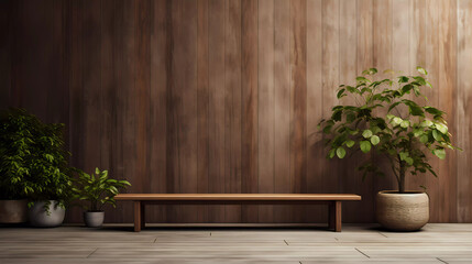 A wooden room with a plant and a bench in front of it with a wooden wall behind it and a planter in the middle - obrazy, fototapety, plakaty