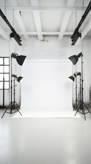  Professional photography studio featuring a pristine white roll-up backdrop and strategically placed photo lights for optimal shooting conditions. - obrazy, fototapety, plakaty