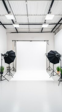  Professional photography studio featuring a pristine white roll-up backdrop and strategically placed photo lights for optimal shooting conditions.