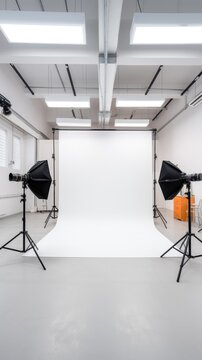  Professional photography studio featuring a pristine white roll-up backdrop and strategically placed photo lights for optimal shooting conditions.
