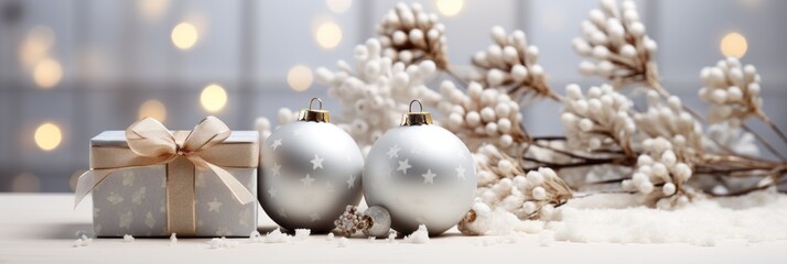 Christmas background with spruce balls and snowflakes and fir branches, white and golden winter holidays design, banner