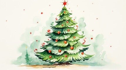 Fototapeta premium a watercolor painting of a green christmas tree with red berries and a red star on the top of it.
