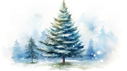  a watercolor painting of a pine tree in a snowy landscape with snow falling on the ground and snow flakes on the ground.
