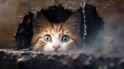  a close up of a cat with blue eyes looking out of a hole in a stone wall with a chain hanging from it's end and a chain hanging from it's end.