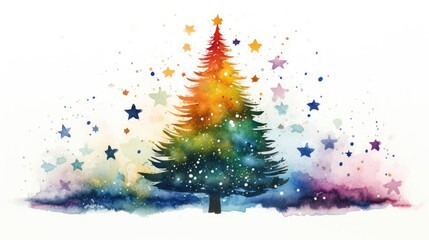  a watercolor painting of a christmas tree in the snow with stars on the top and bottom of the tree.