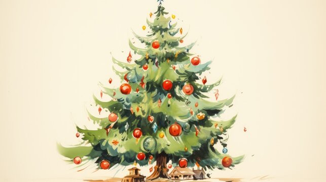 a painting of a christmas tree with presents on the bottom of the tree and presents on the bottom of the tree.