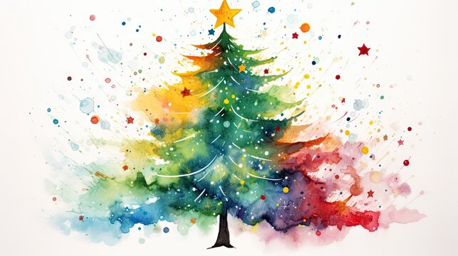  a watercolor painting of a christmas tree with stars on the top and a star on the bottom of the tree.