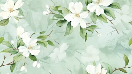  a painting of white flowers and green leaves on a blue and green background with a white flower on the right side of the frame.