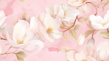  a close up of a pink background with white flowers and leaves on a pink background with a white and gold border.