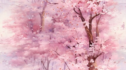 a painting of a tree with pink flowers in the foreground and a light blue sky in the back ground.